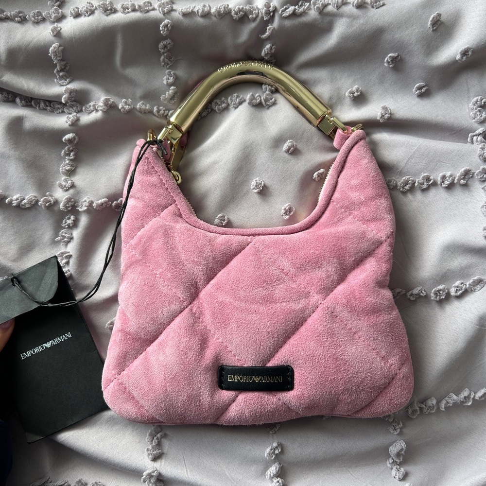 Emporio Armani Pink Quilted Suede Shoulder Bag with Gold Handle